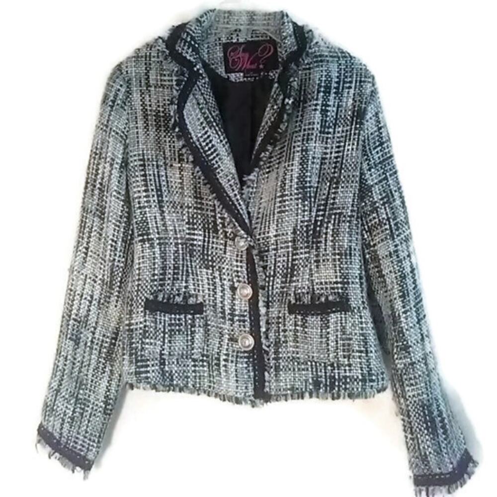 Y2K French Style Tweed Fringe Jacket Sz M Short Blue Gray  Blazer Office Preppy